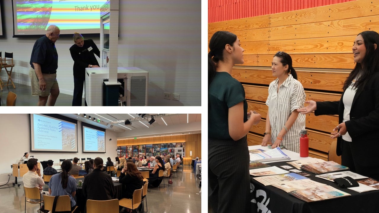 Collage of photos showing people talking to each other at a meeting.