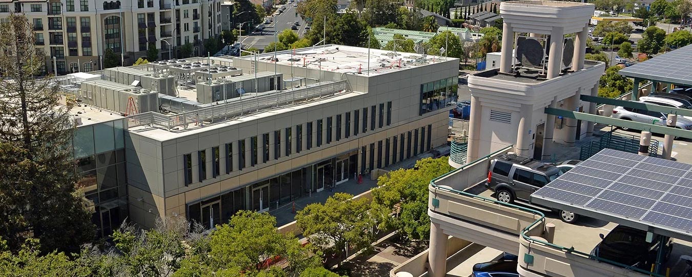 San Mateo County Center buildings and solar panel covered parking structure