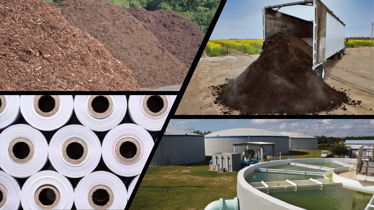 piles of mulch, truck dumping compost at vineyard, post-consumer recycled paper rolls, and a sewer treatment plant